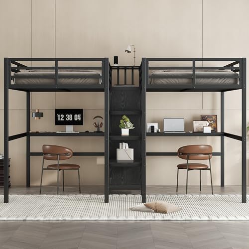 Twin Size Black Metal Loft Bed with Desk and Storage K284