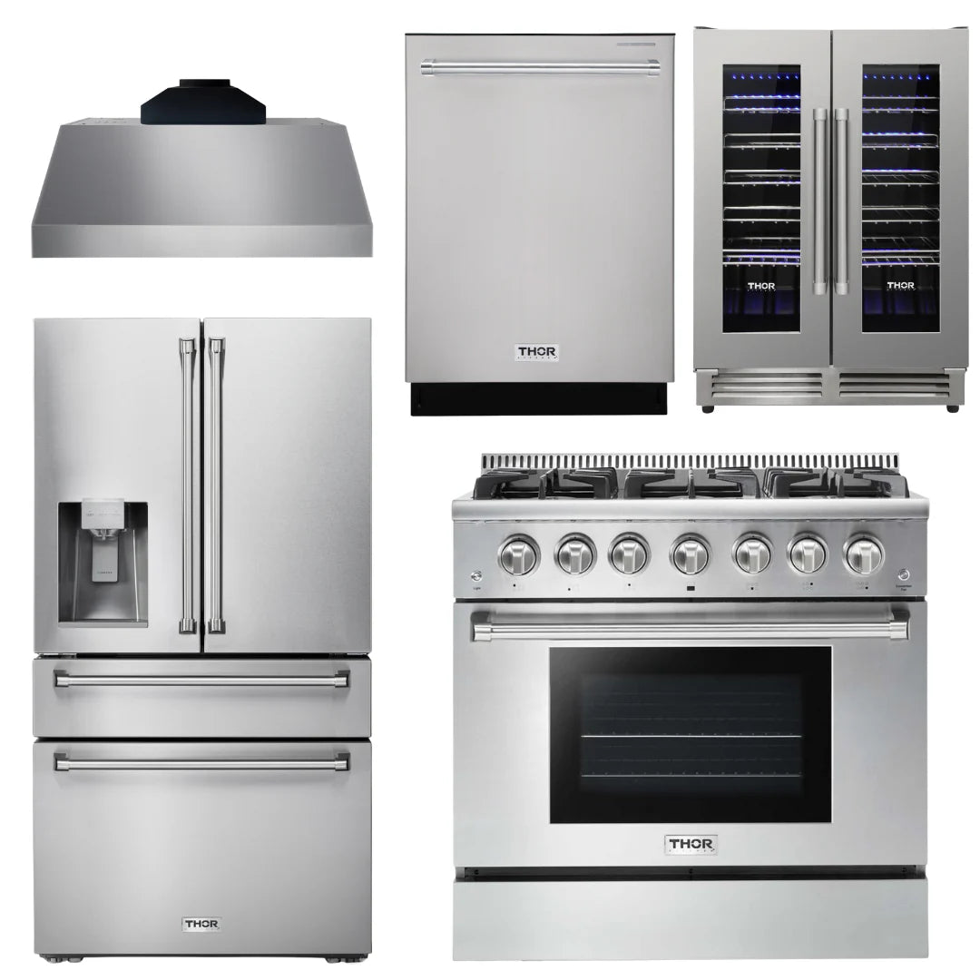 36 Gas Range, Range Hood, Refrigerator with Water and Ice Dispenser, Dishwasher, Wine Cooler G565