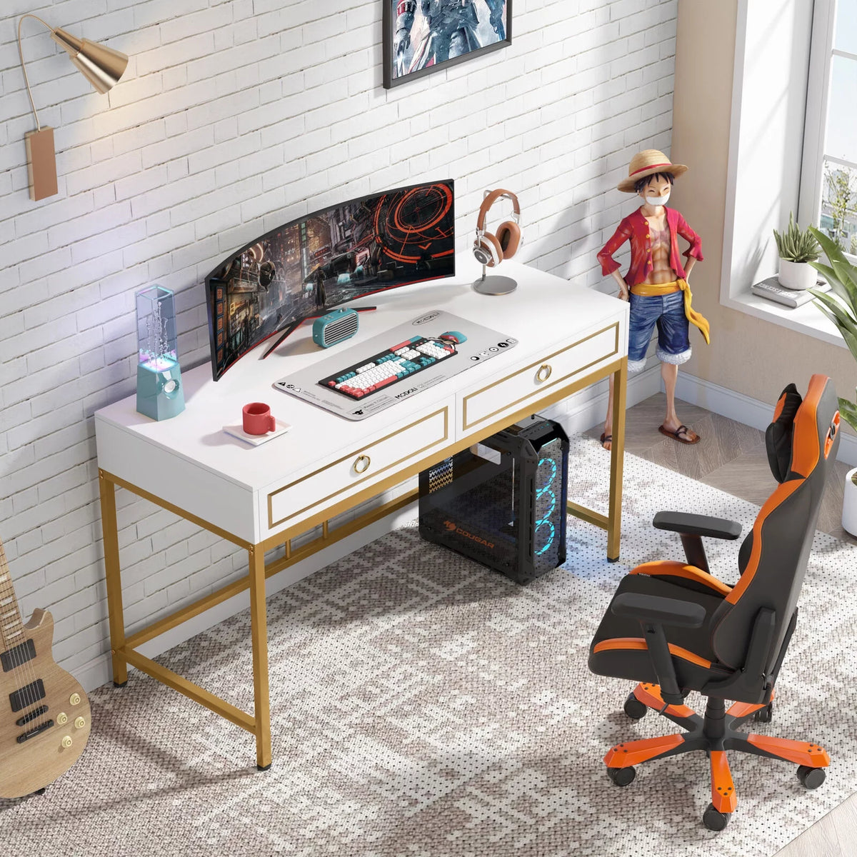 43” White and Gold Computer Desk with 2 Drawers Q3473