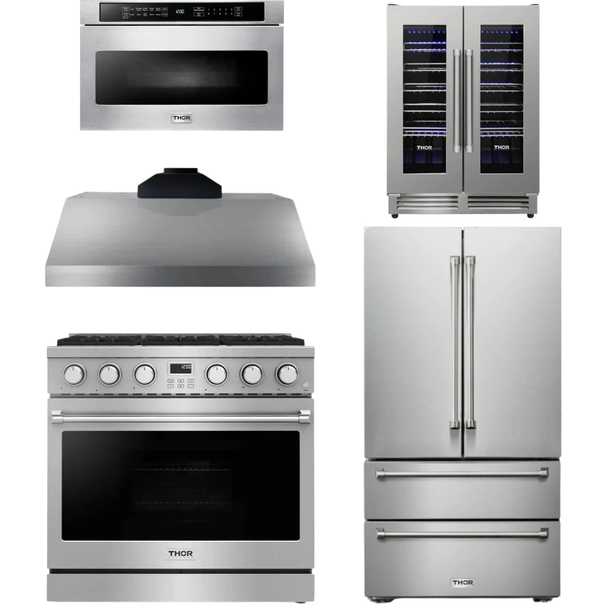 36 Gas Range, Range Hood, Refrigerator, Microwave and Wine Cooler A247065