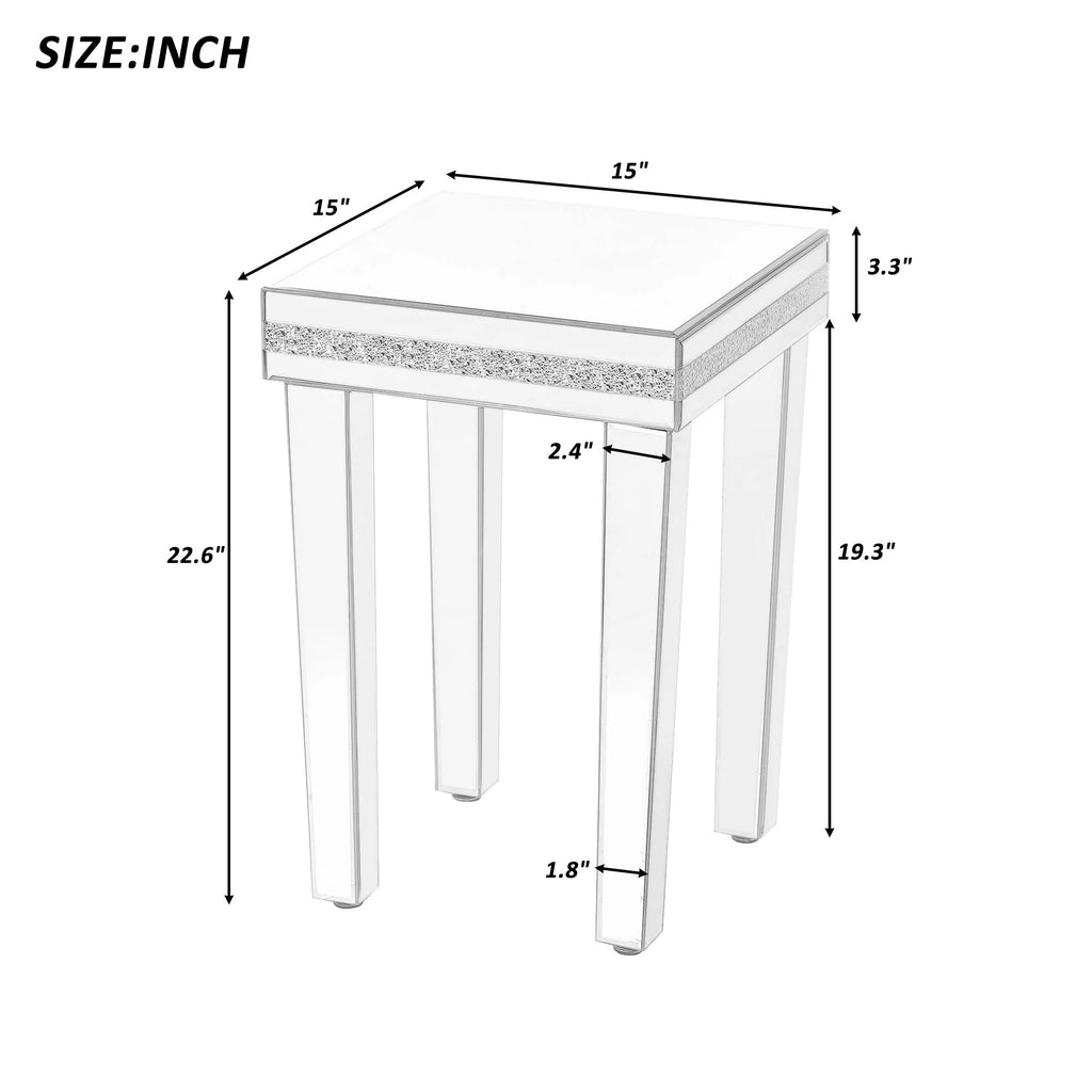 Modern Glass Mirrored Side Table with Crystal Design and Adjustable Height Legs G704