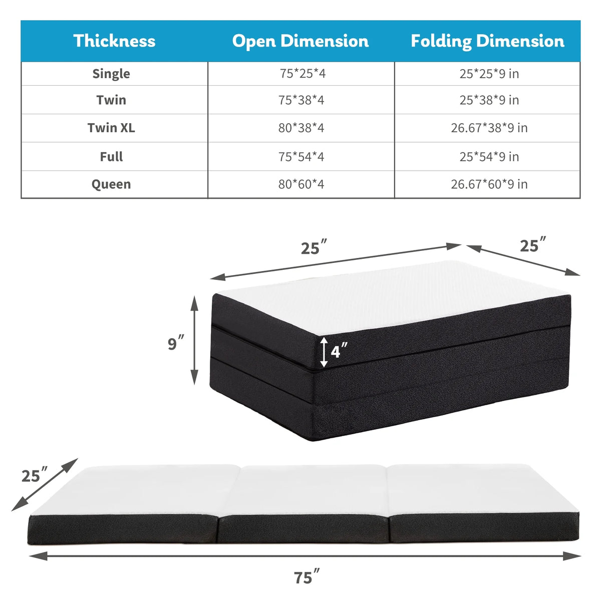 Queen Size 4 inch Tri-fold Memory Foam Mattress X324333