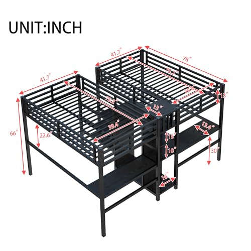 Twin Size Black Metal Loft Bed with Desk and Storage K284