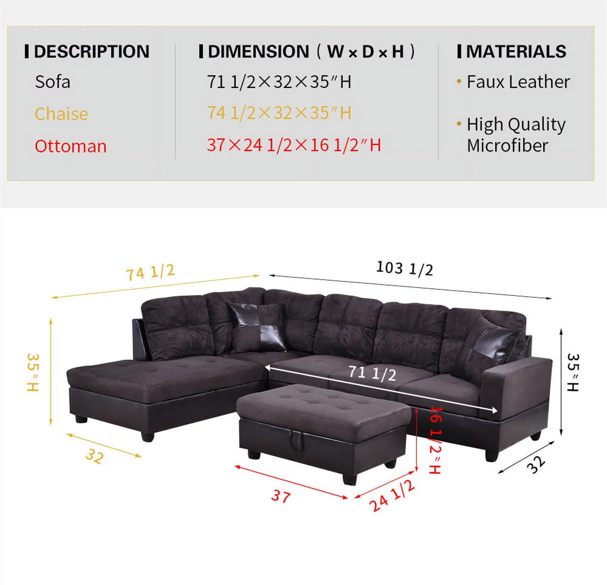 103.5'' Left Hand Facing Sectional Sofa with Storage Ottoman G104