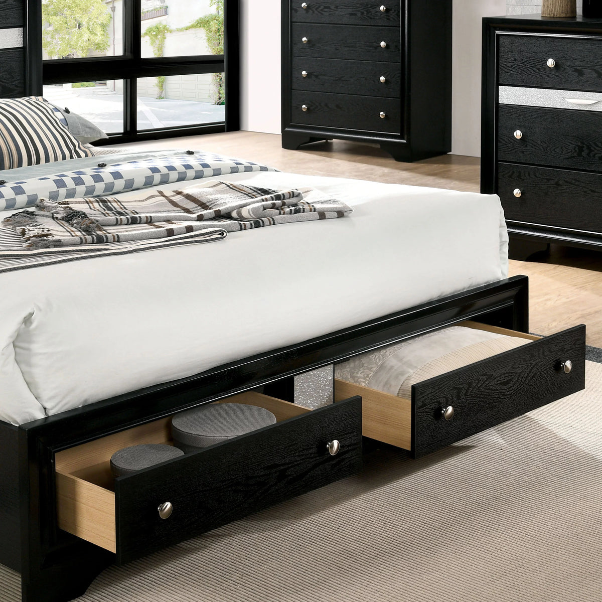 Black Solid Wood Platform Bed with Storage K618