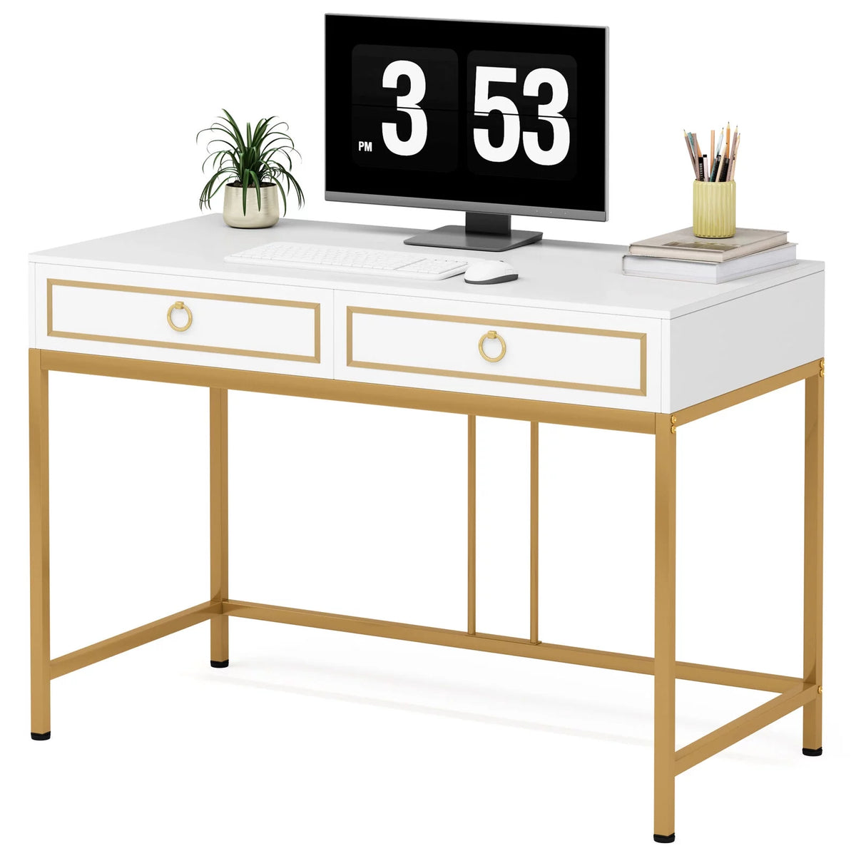 43” White and Gold Computer Desk with 2 Drawers Q3473