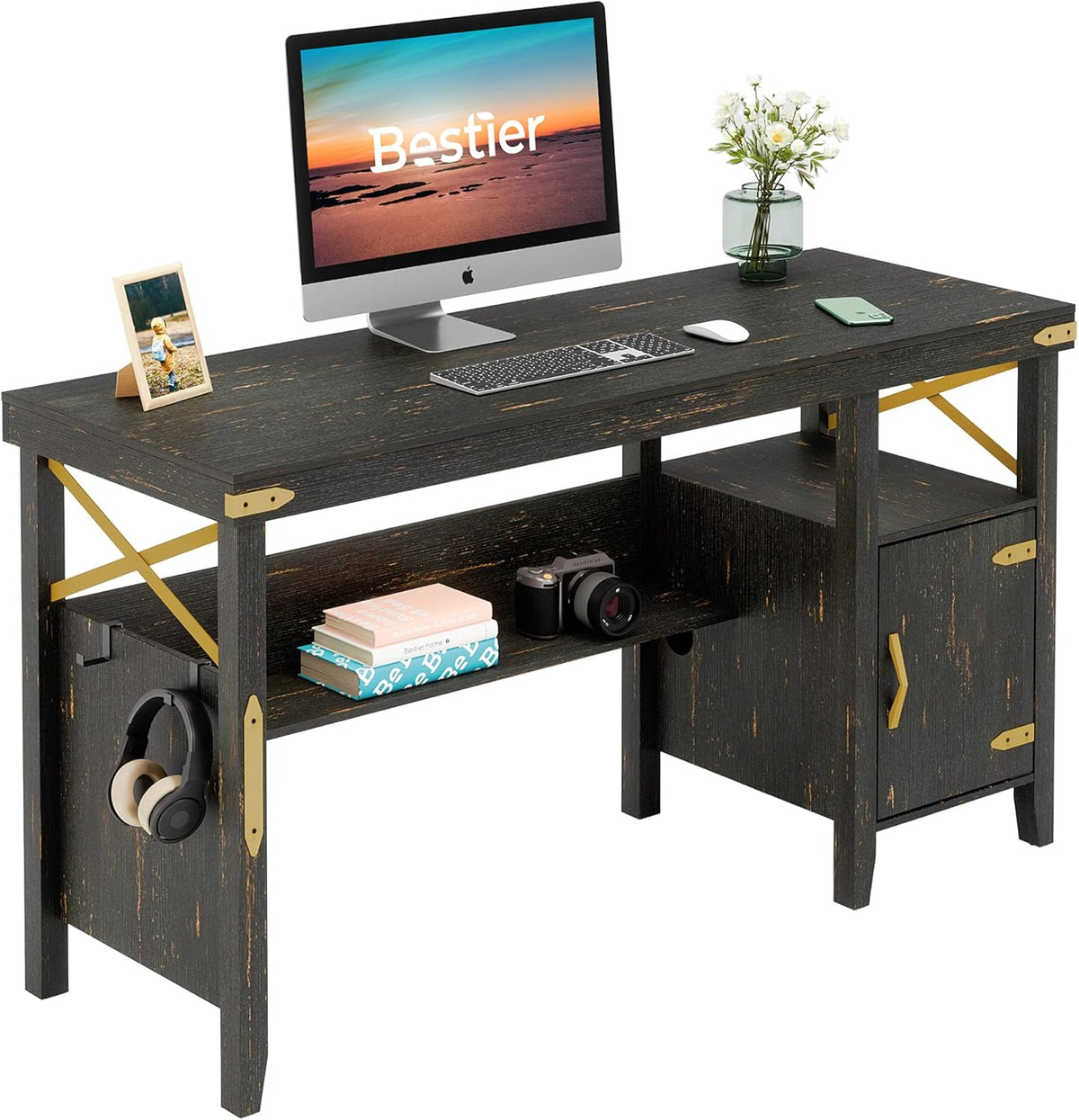 L-Shaped Computer Desk with Storage Cabinet and Bookshelf J953947