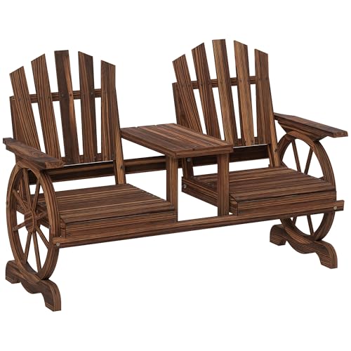 Wooden 2-Seat Garden Bench with Table and Umbrella Hole M52908