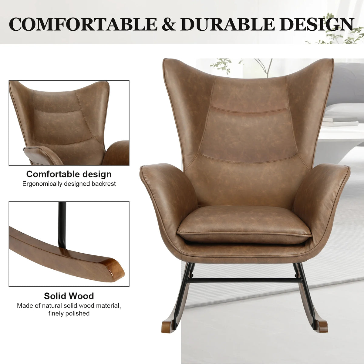 Brown PU Leather Rocker Glider Chair with Wooden Base P610
