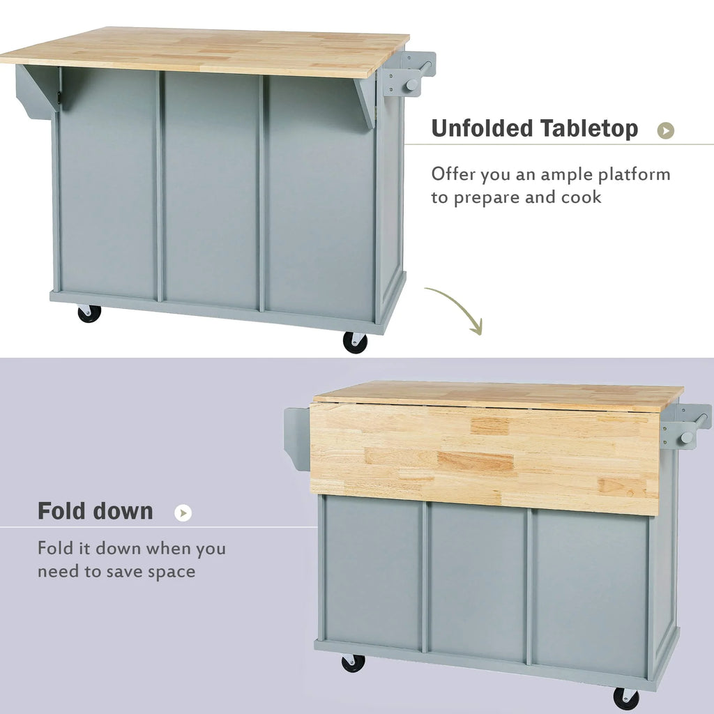 Kitchen Island Cart with Drop Leaf Storage Cabinet and 3 Drawers N1983