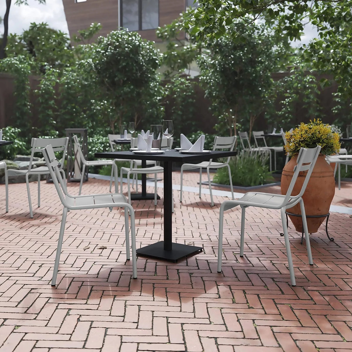 Steel Stack Chair, Indoor-Outdoor Armless Chair With 2 Slat Back In Silver, Set Of 2 G91418