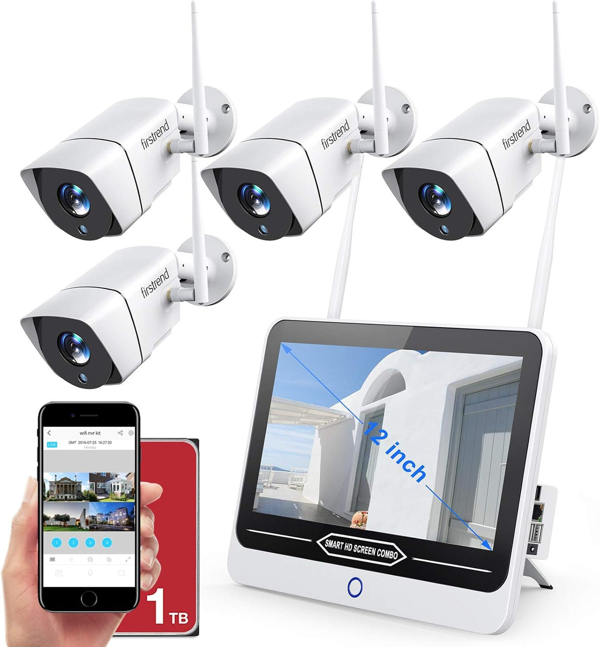 1080P Wireless Security Camera System 8CH with 4 Cameras and 12 Inch Monitor H5650