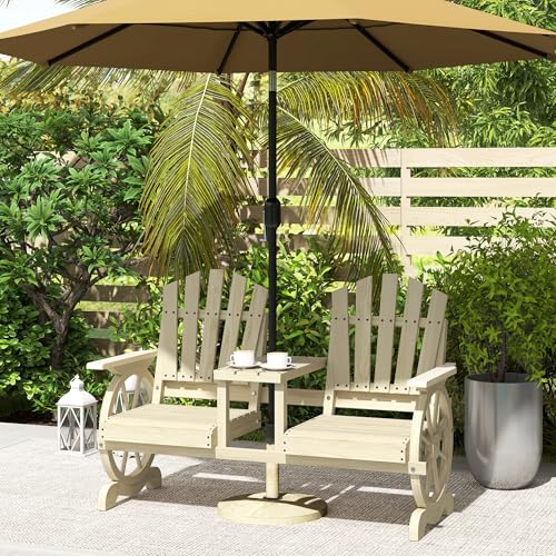 Wooden 2-Seat Garden Bench with Table and Umbrella Hole M52908