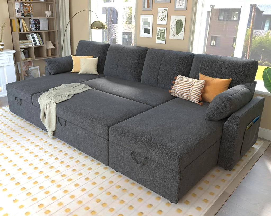 Gray Chenille Sleeper Sofa with Storage Chaise D2876