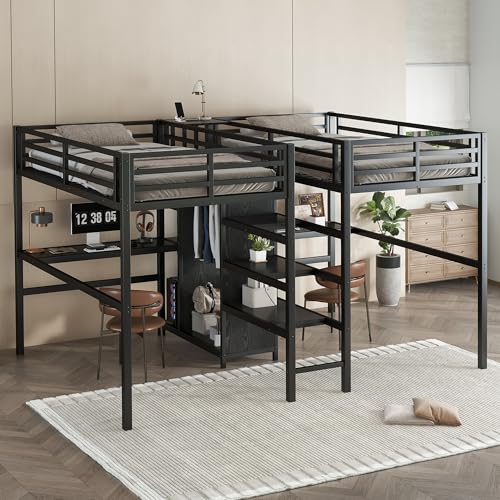 Twin Size Black Metal Loft Bed with Desk and Storage K284