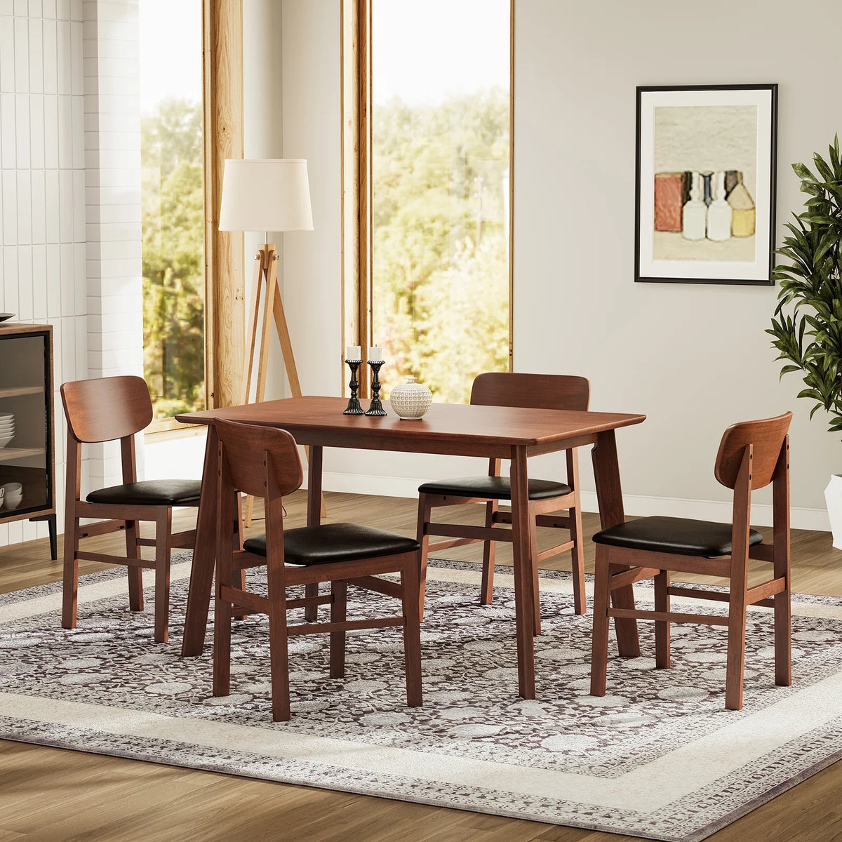 5 Pieces Dining Table Set with 4 Chairs Solid Rubberwood C80467