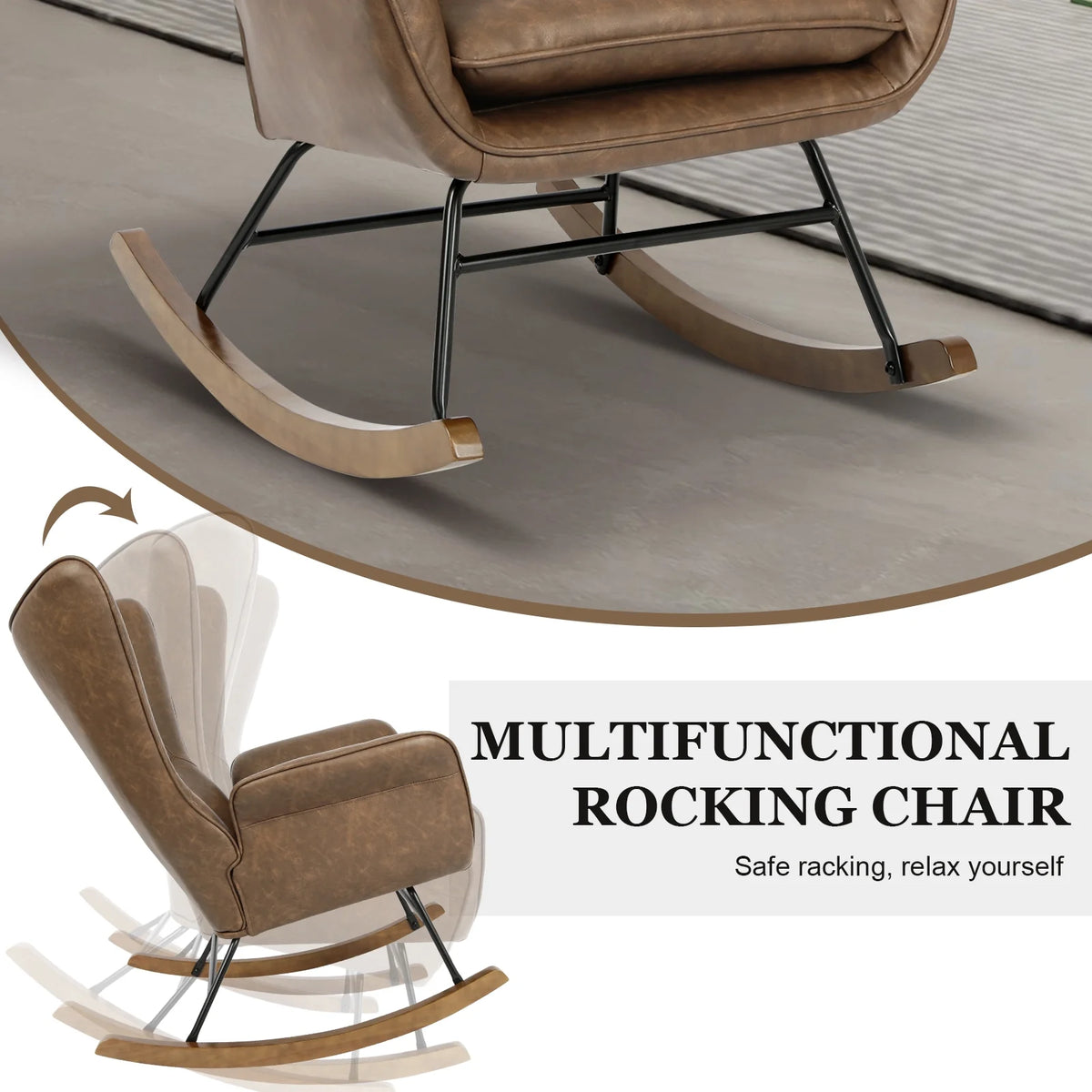 Brown PU Leather Rocker Glider Chair with Wooden Base P610