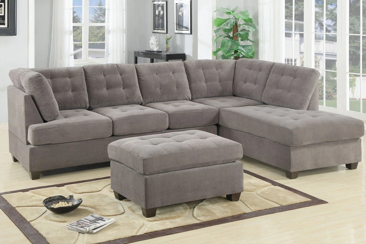 Charcoal Waffle Suede Sectional Sofa with Pillows Q49718
