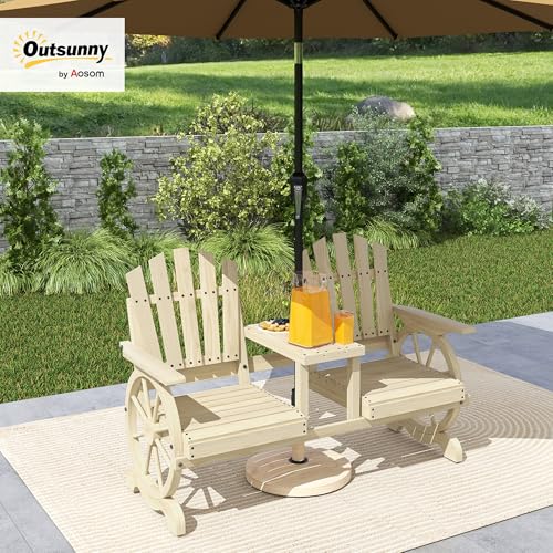 Wooden 2-Seat Garden Bench with Table and Umbrella Hole M52908