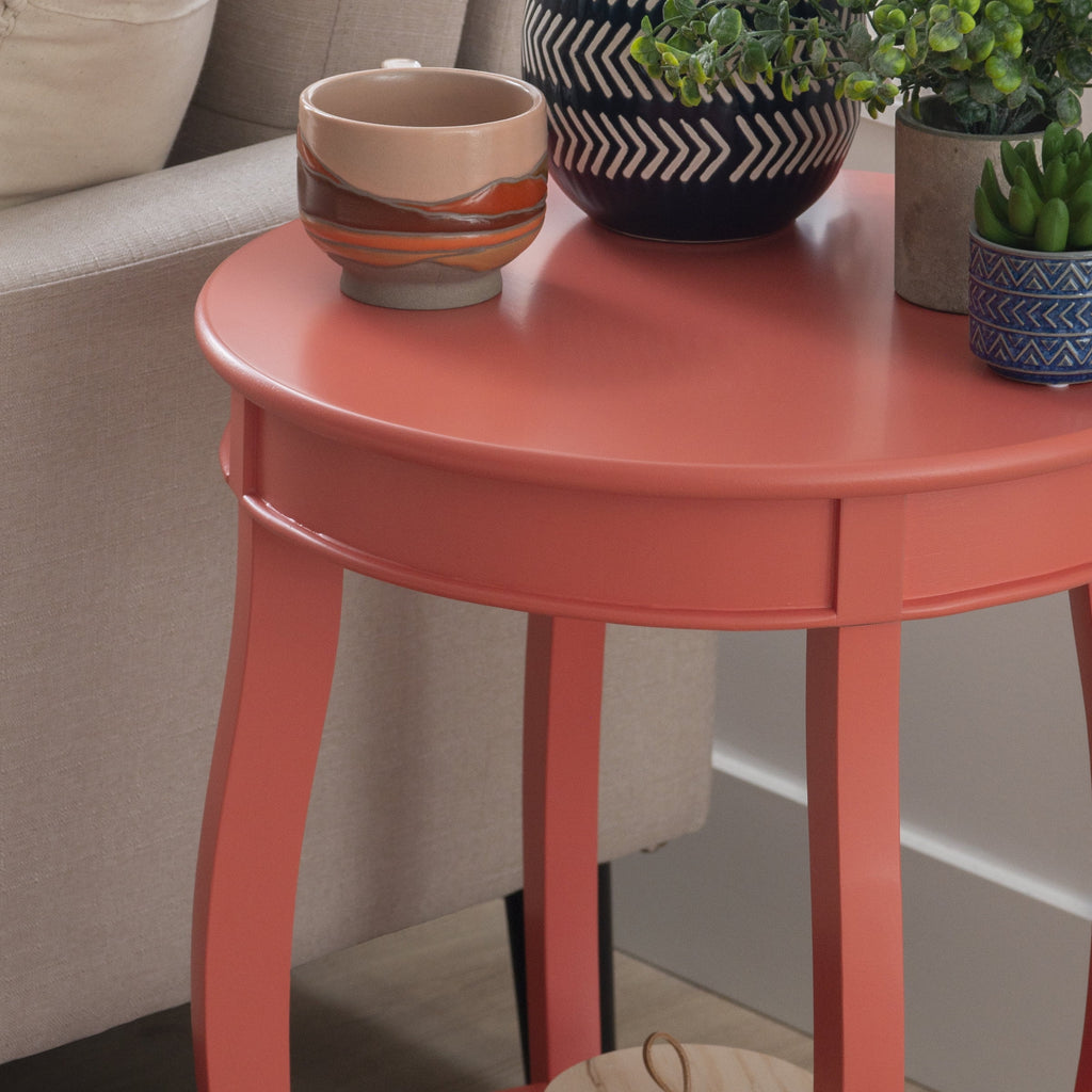 Round Indoor Accent Side Table with Shelf, 24" Tall, Coral Z113499
