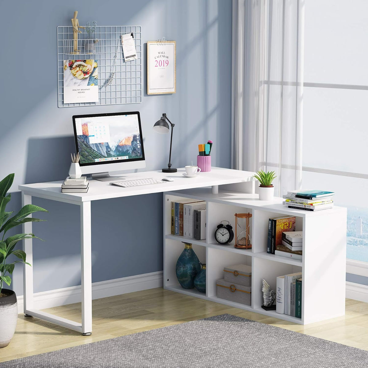 L-Shaped Computer Desk with Storage, 55 Inch Rotating Corner Office Desk O707