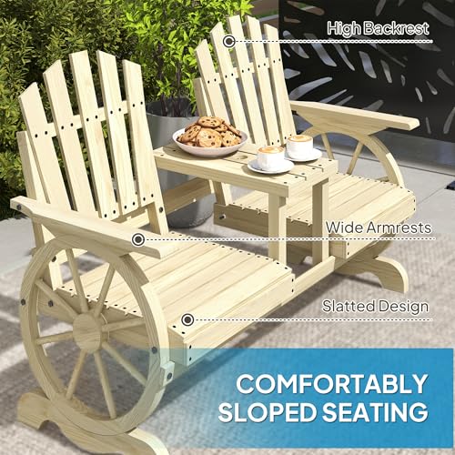 Wooden 2-Seat Garden Bench with Table and Umbrella Hole M52908