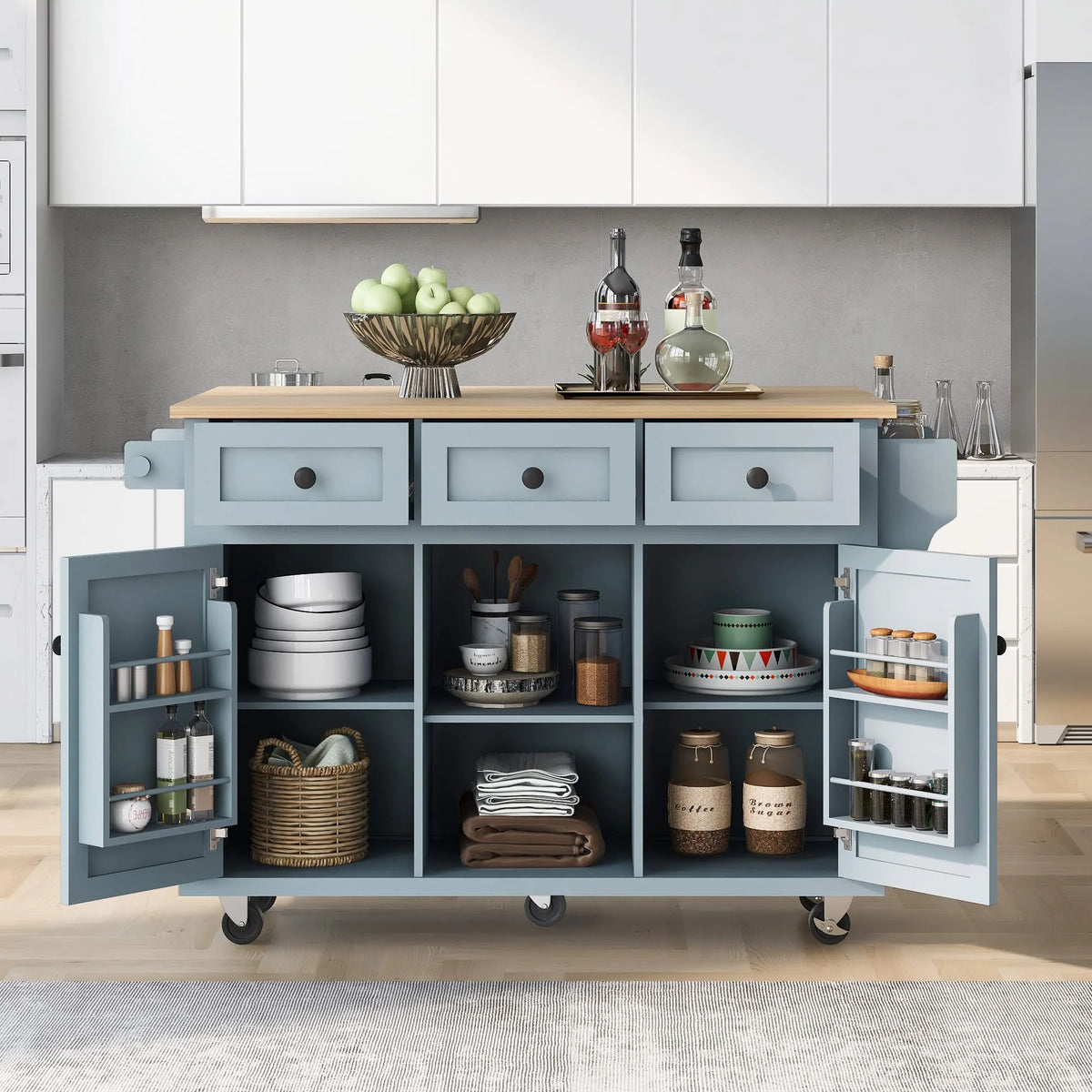Kitchen Island Cart with Drop Leaf Storage Cabinet and 3 Drawers N1983