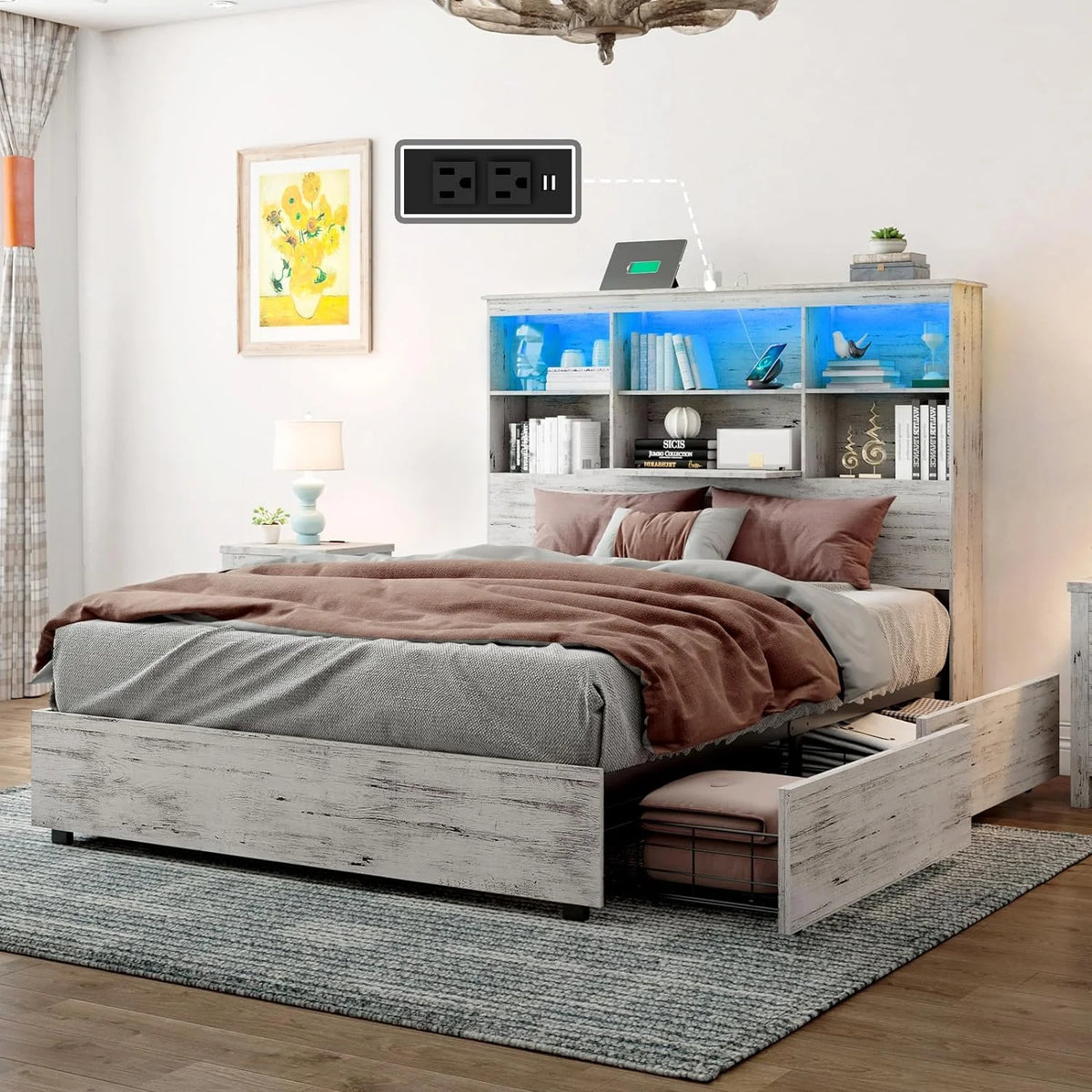 Queen Size Wood Storage Bed with 4 Drawers D463254