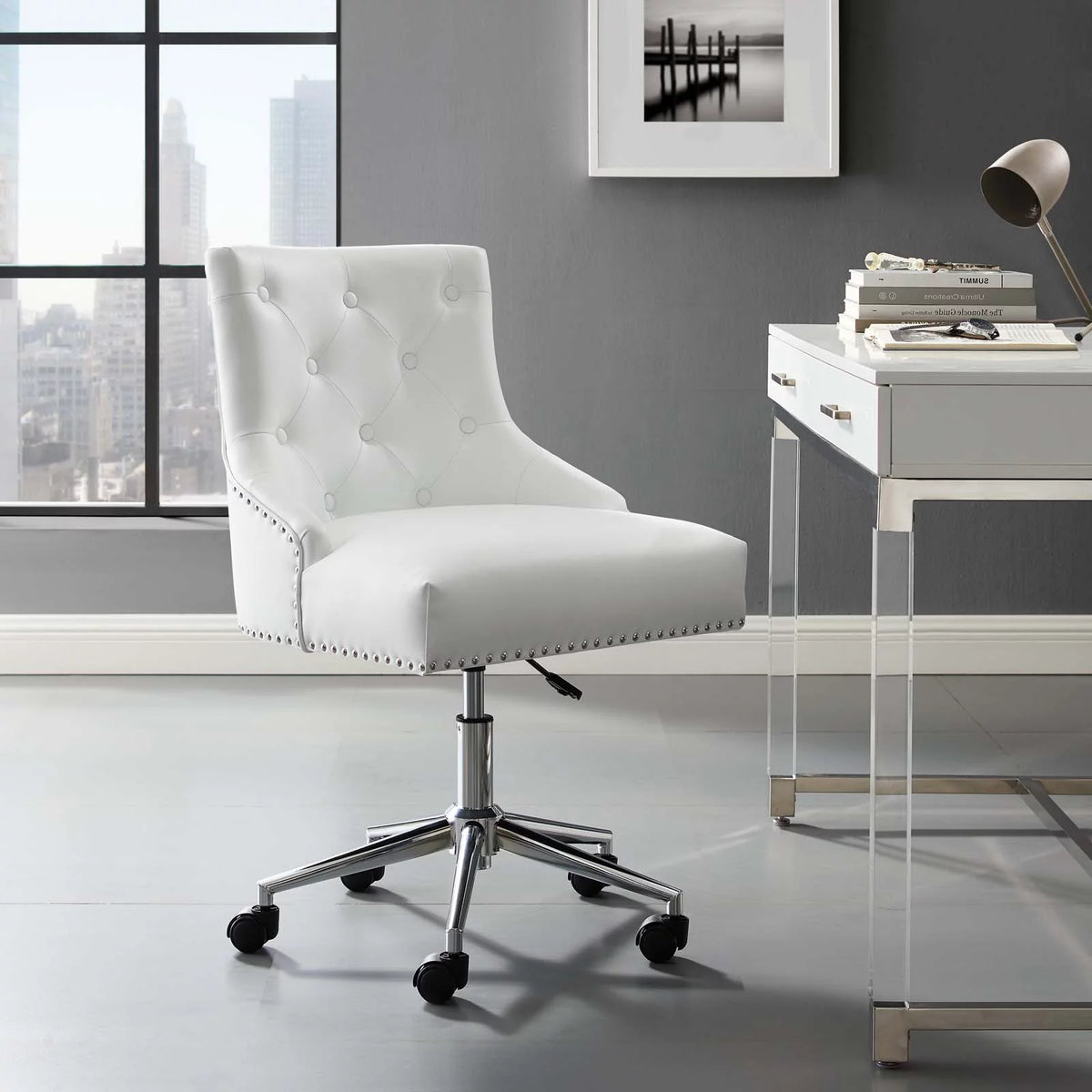 White Faux Vinyl Leather Aluminum Office Chair W7326
