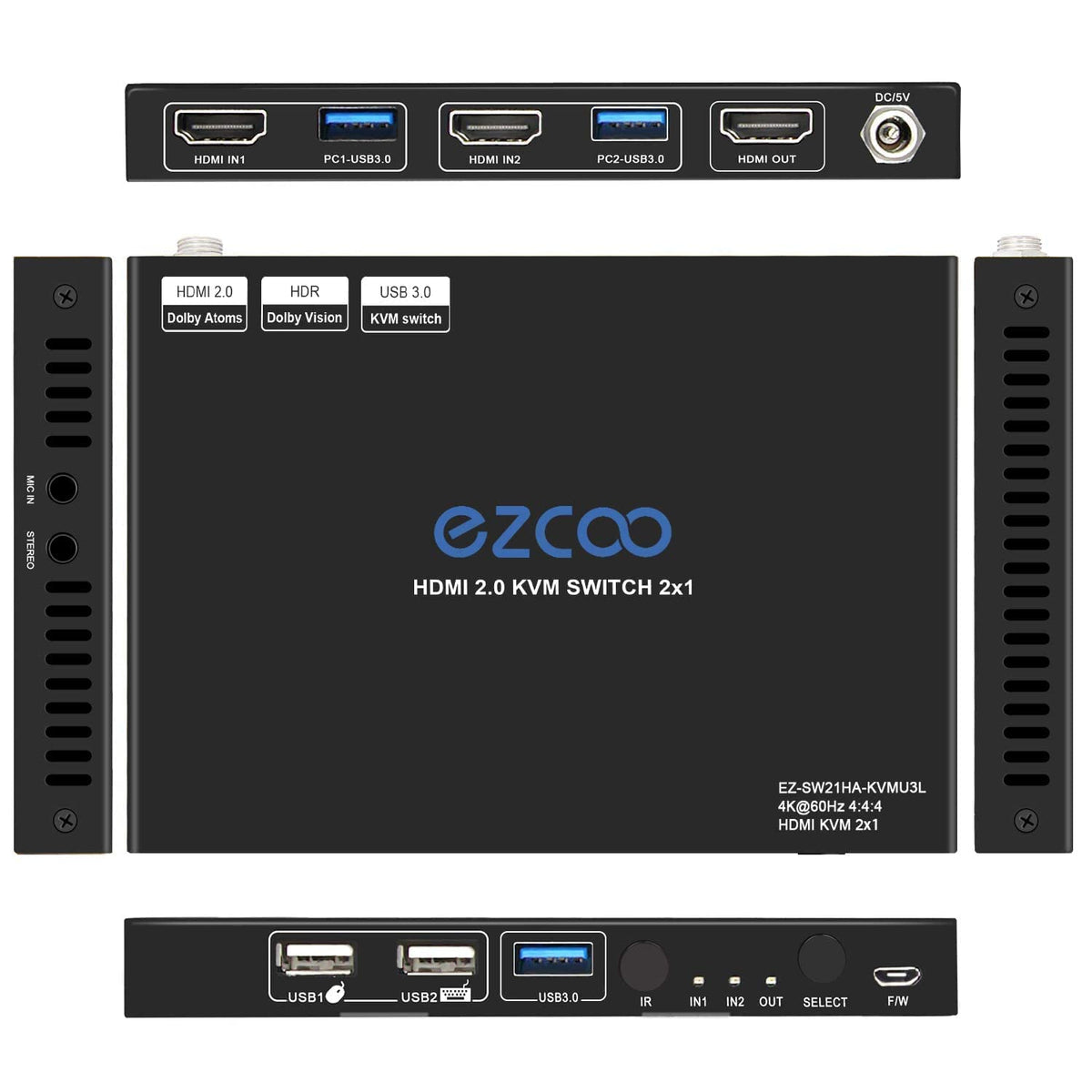 USB 3.0 KVM Switch HDMI 2-Port 4K60 with Stereo Audio Extractor U7660
