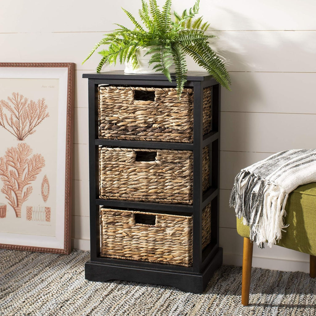 Distressed Black 3 Wicker Basket Storage Side Table Z793497