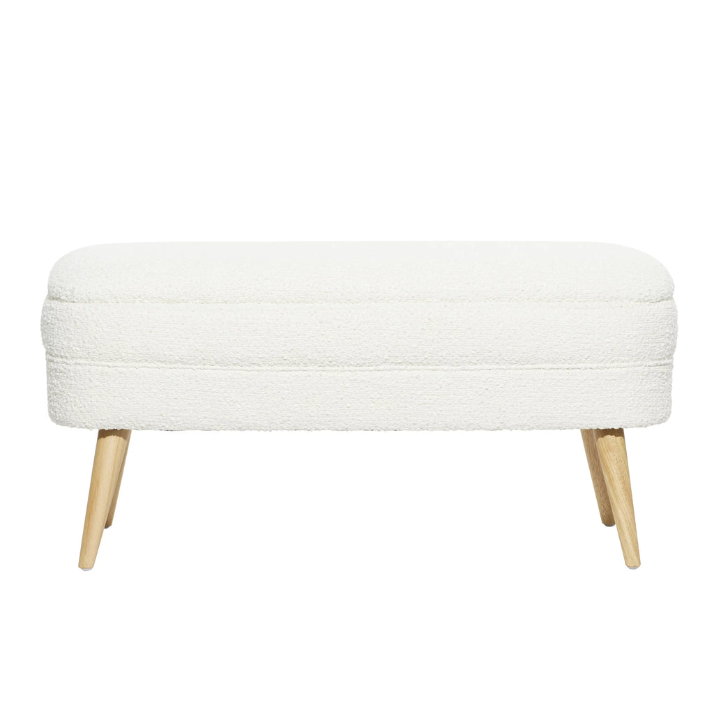 White Polyester Boucle Upholstered Storage Bench with Wood Legs J2551
