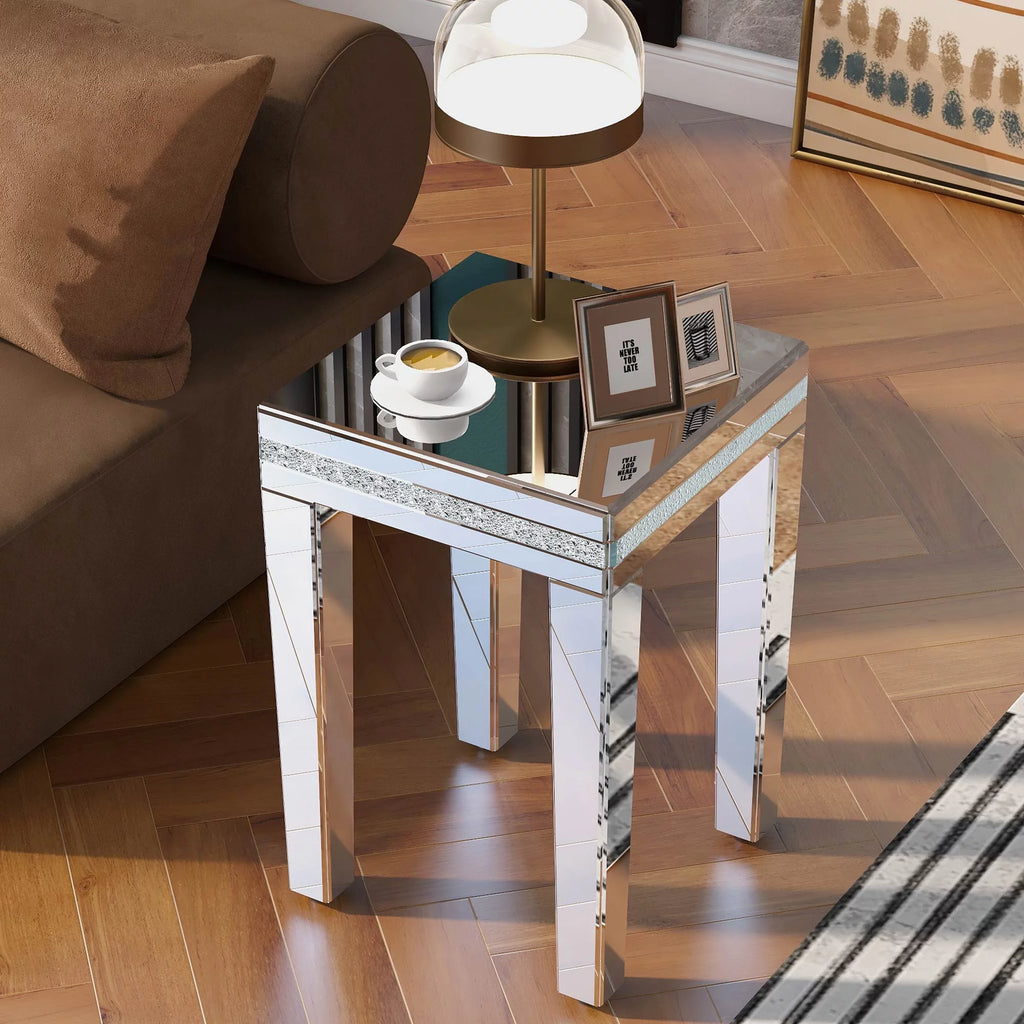 Modern Glass Mirrored Side Table with Crystal Design and Adjustable Height Legs G704