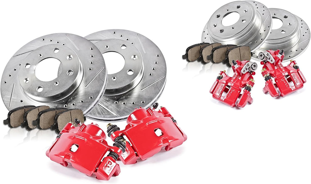 Powder Coated Red Calipers Drilled Slotted Rotors Ceramic Pads S949782