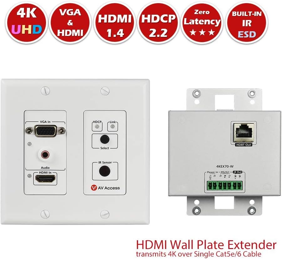 HDMI Extender Wall Plate HDMI VGA Switch 4K, 2 Port, Over Cat5e/6/7 Cable, Aux Input, Two-Way IR+RS232+HDCP2.2+EDID, 2 Gang, 4K60Hz,70M 1080P S341