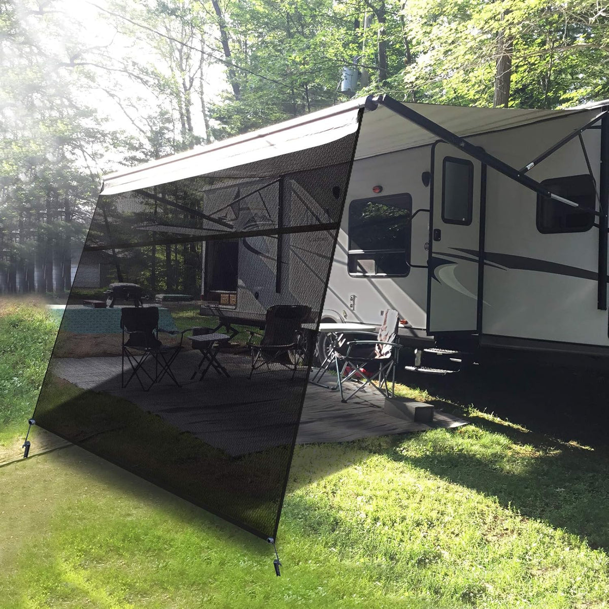 Black Mesh UV Blocker RV Awning Sun Shade Screen with Zipper 15' x 9' R723