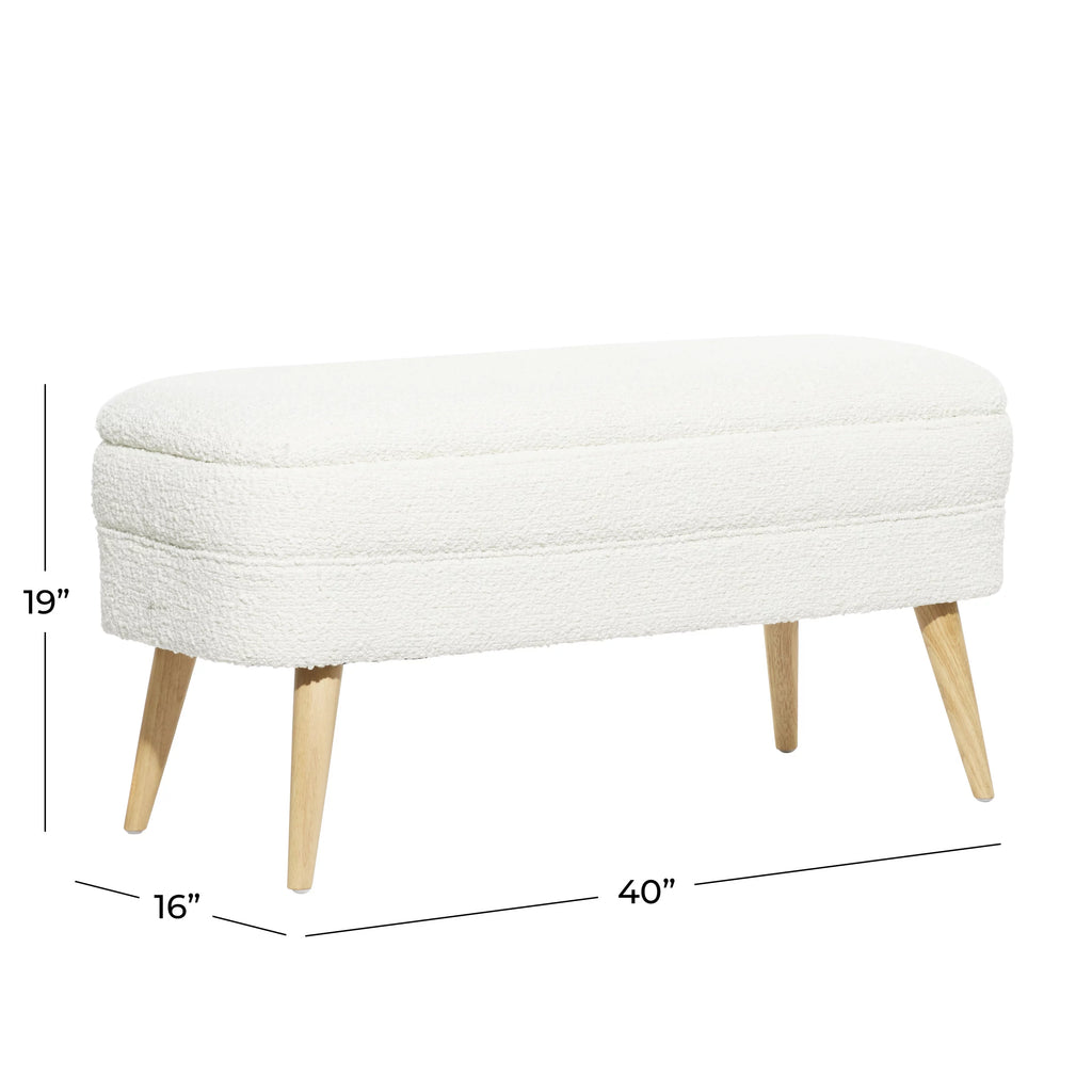 White Polyester Boucle Upholstered Storage Bench with Wood Legs J2551
