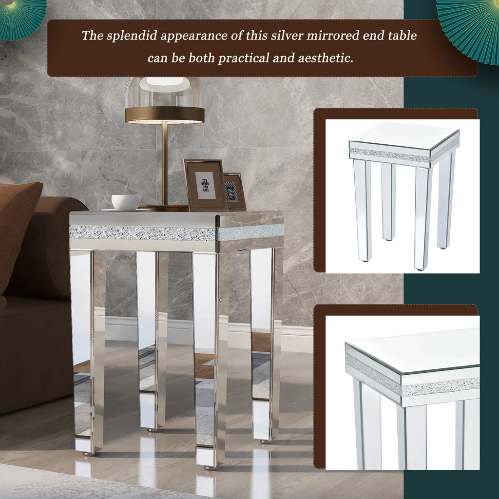 Modern Glass Mirrored Side Table with Crystal Design and Adjustable Height Legs G704