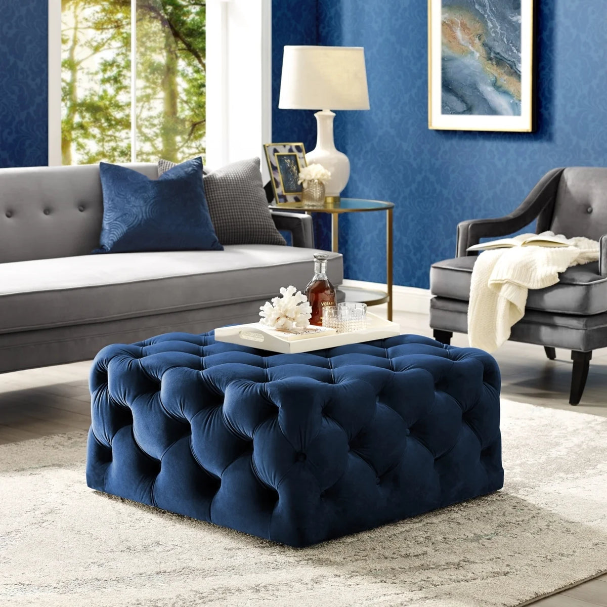 Velvet or Linen Tufted Square Cocktail Ottoman P5007