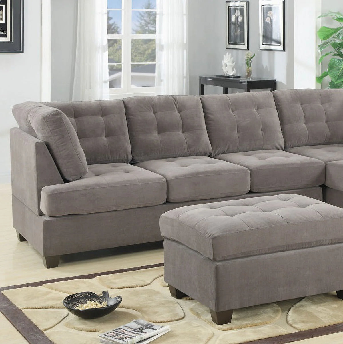 Charcoal Waffle Suede Sectional Sofa with Pillows Q49718