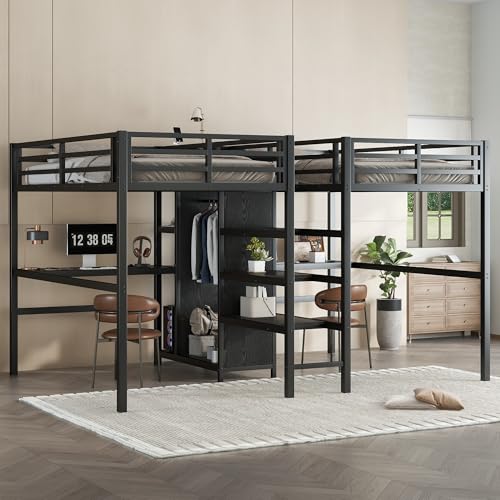 Twin Size Black Metal Loft Bed with Desk and Storage K284