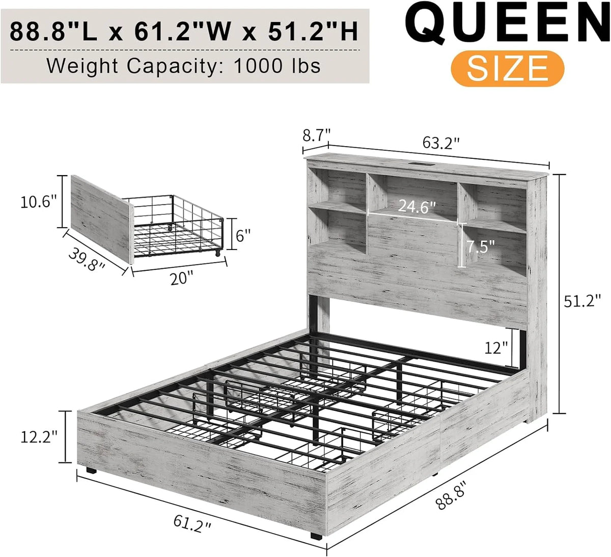 Queen Size Wood Storage Bed with 4 Drawers D463254
