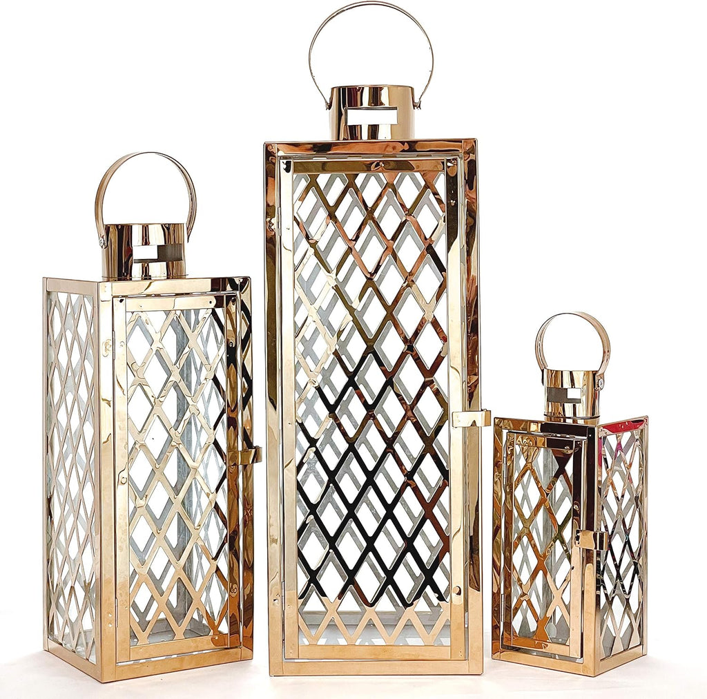 3-PC Set Jumbo Black Candle Lantern Set with Chrome Plated Structure and Tempered Glass H694
