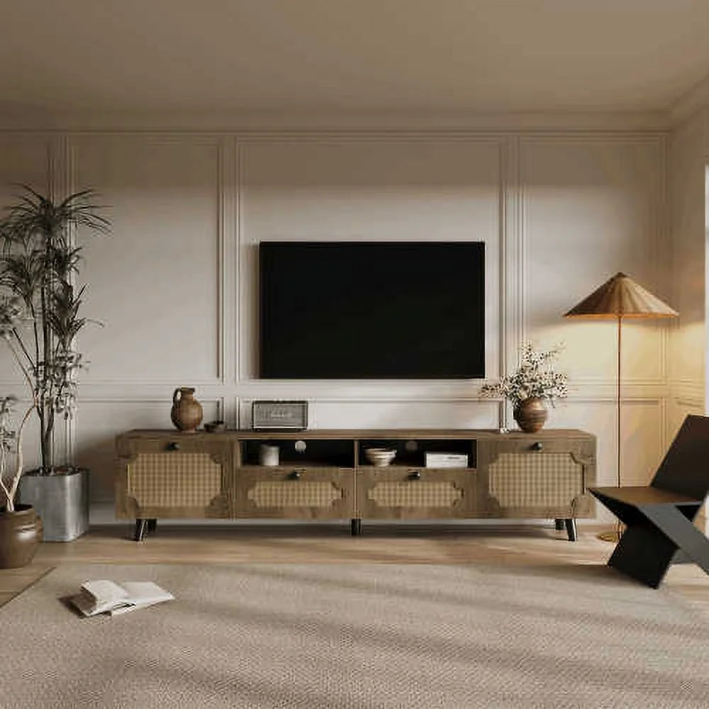 Brown Rattan TV Cabinet with Solid Wood Legs I6304