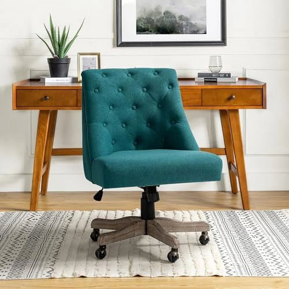 Blue Tufted Upholstered Desk Chair with Wood Base T4913