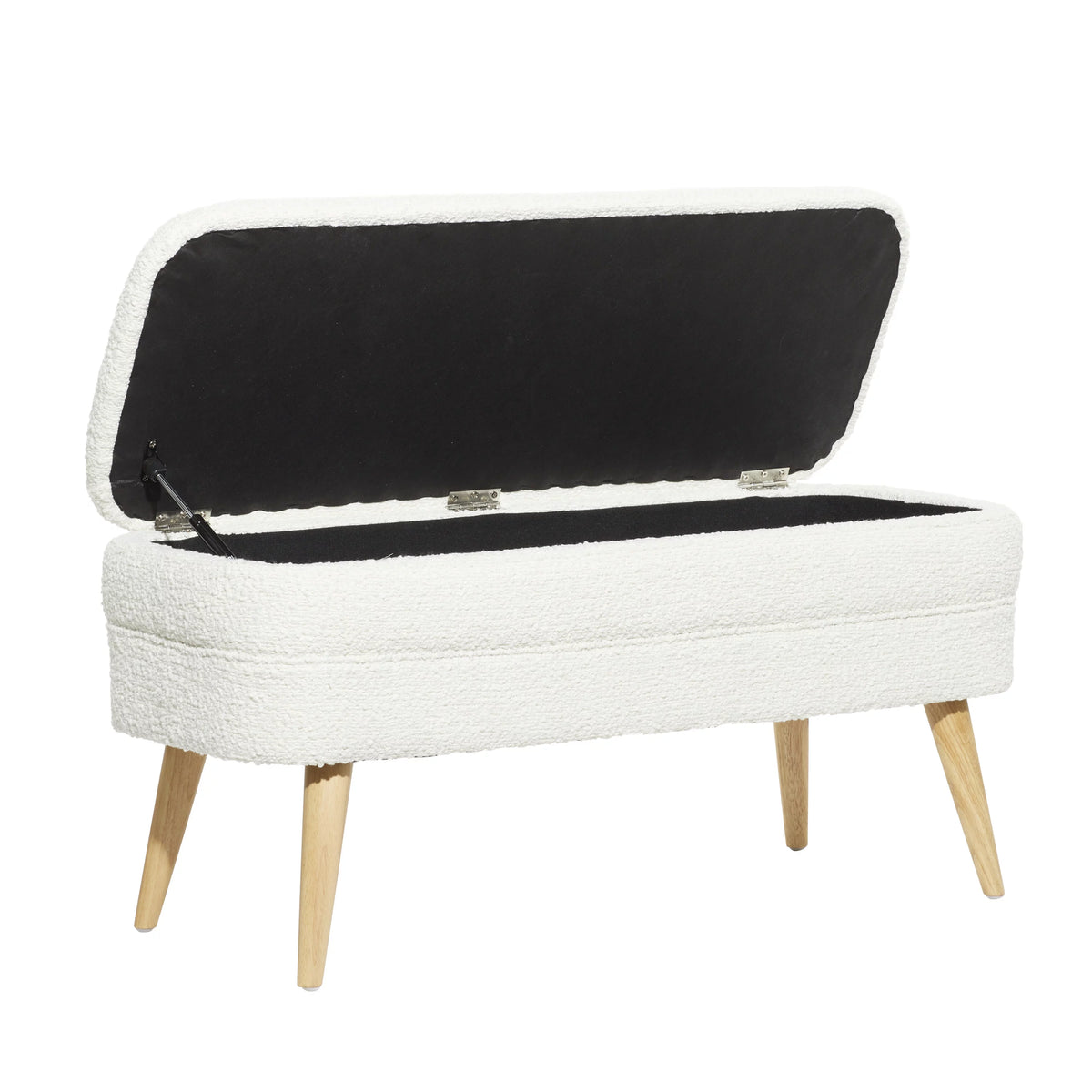 White Polyester Boucle Upholstered Storage Bench with Wood Legs J2551