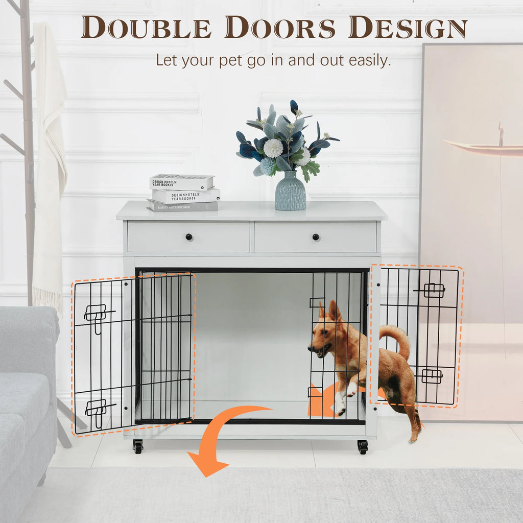 White Wooden Dog Crate Furniture with Drawer H159