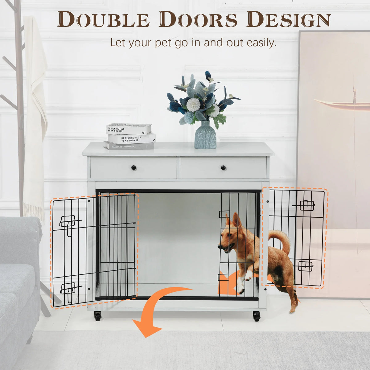 White Wooden Dog Crate Furniture with Drawer H159