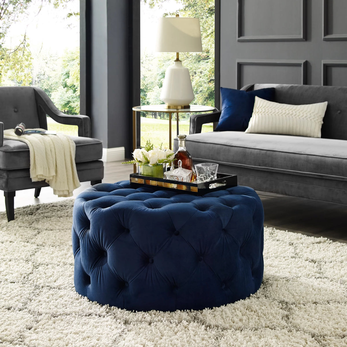 Navy Velvet Tufted Round Cocktail Ottoman Z734
