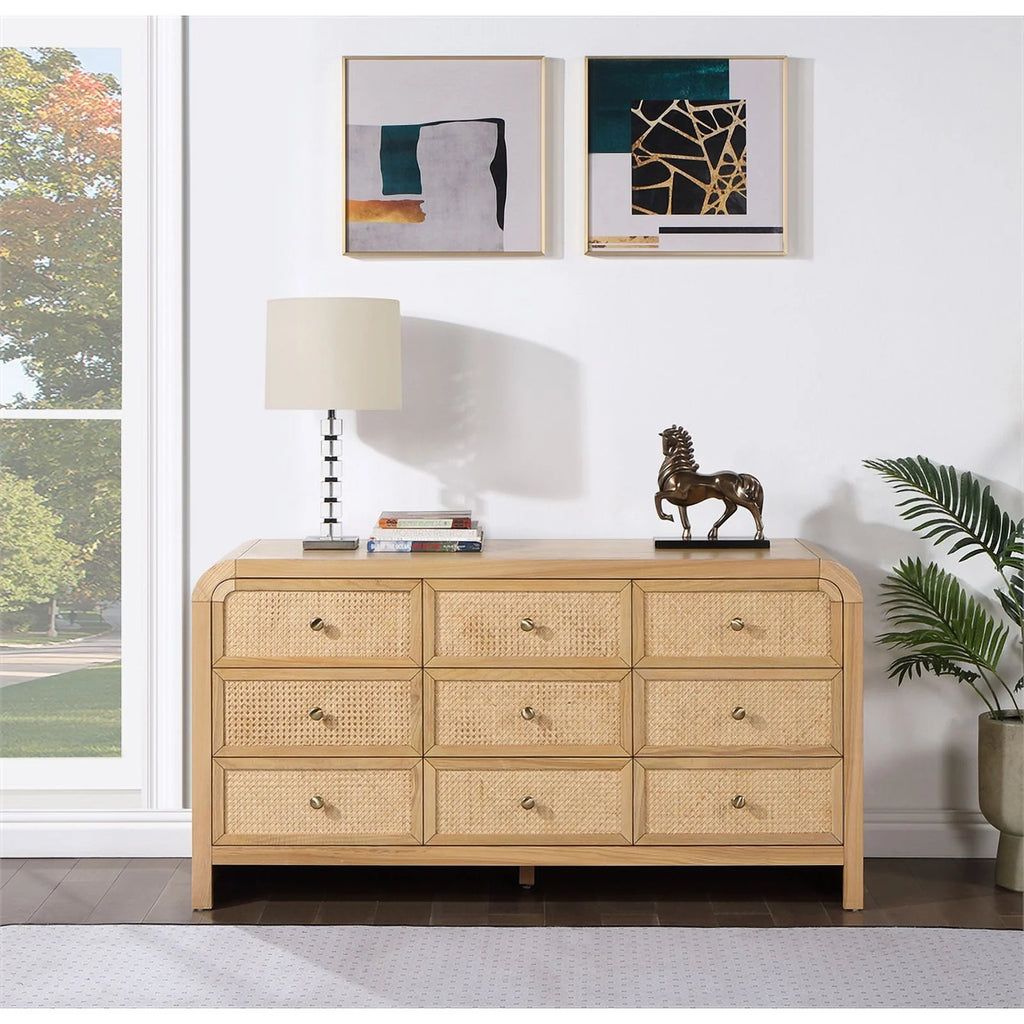 Brown 9-Drawer Rattan Wood Dresser R20521